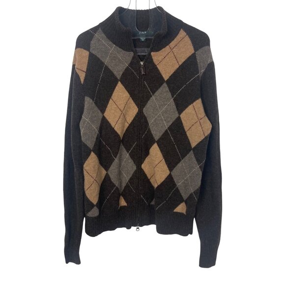 J Crew Argyle Full Zip Lambs Wool Sweater Mens Large Brown Preppy Grandpa - Picture 12 of 12